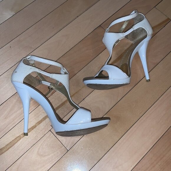WHITE stiletto heels open toes ankle straps sandals size US 7 - Picture 5 of 11